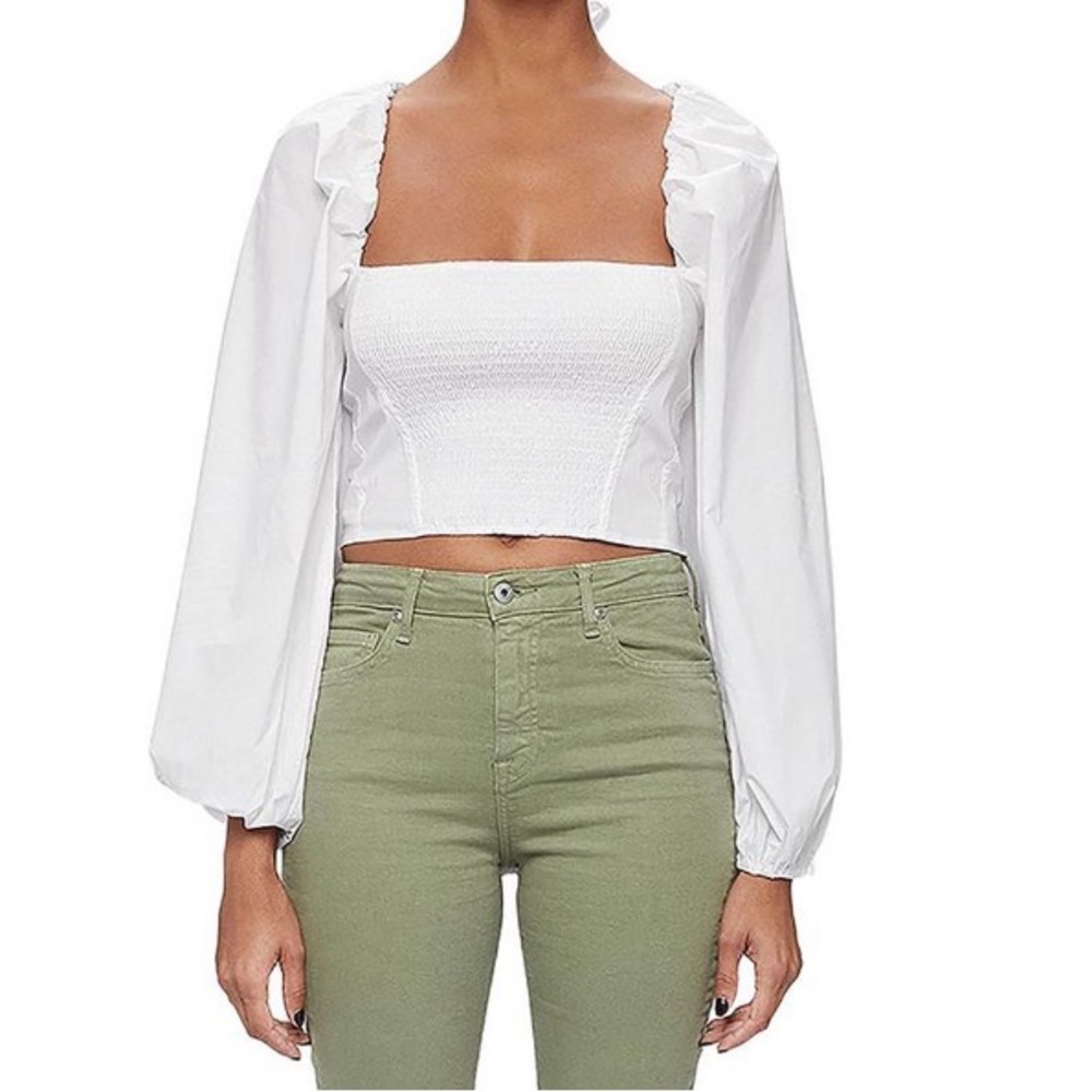 Jonathan Simkhai White Smocked Embellished Cropped